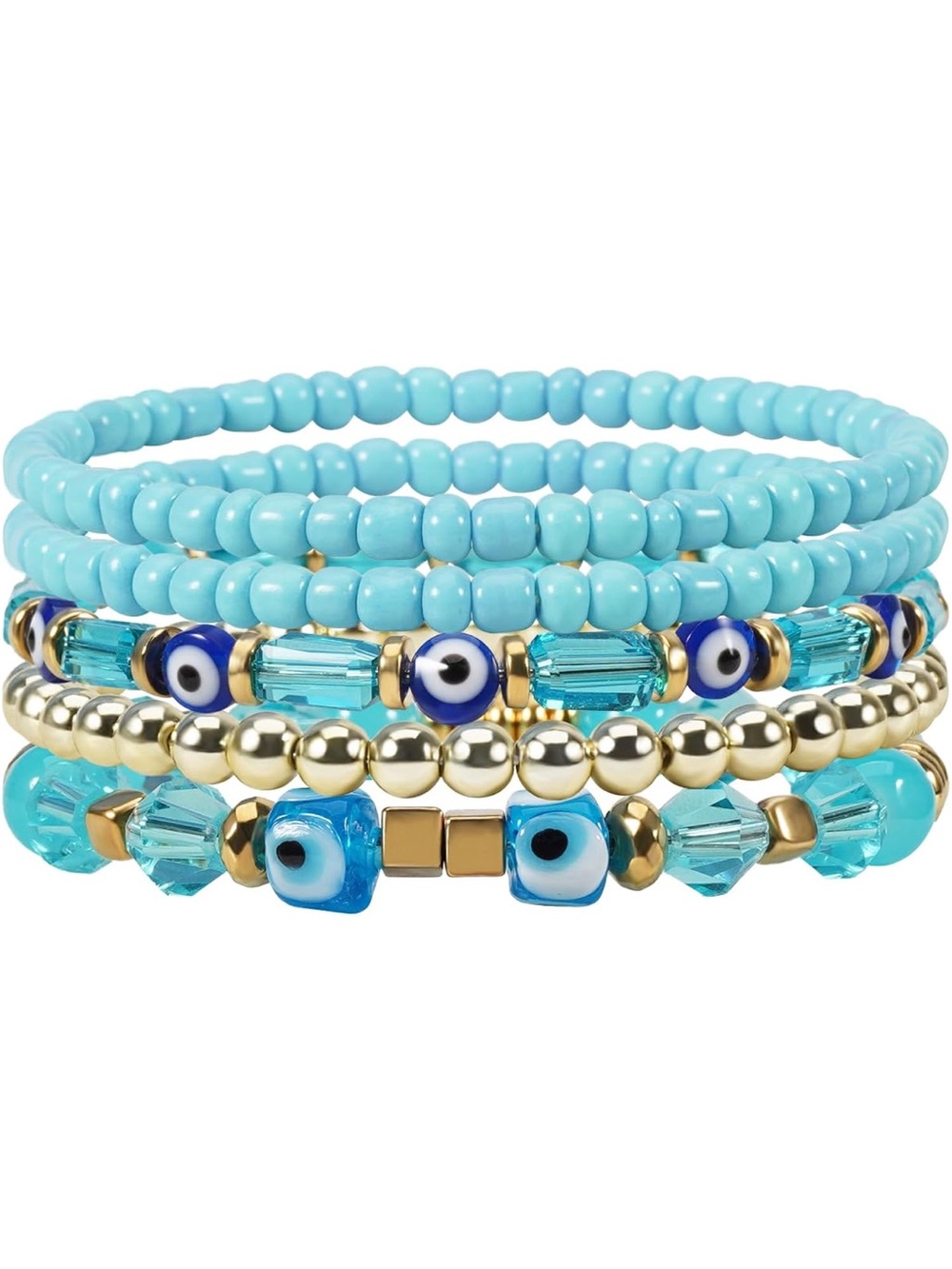 Turquoise Beaded Stack Bracelet Set with Gold Accents